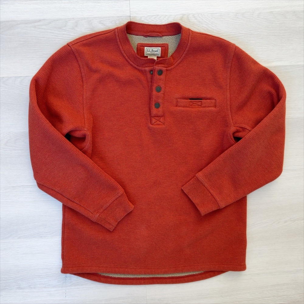 VTG LL Bean Pullover Mens Medium Orange Waffle Henley Heritage Outdoor Utility